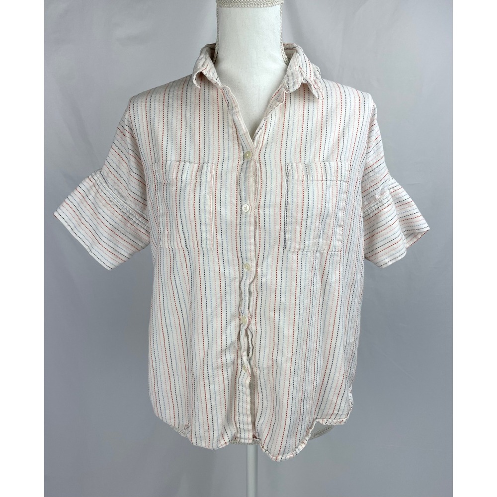 Madewell Courier Shirt Women Medium Stitched Rainbow Stripe Short Sleeve Button